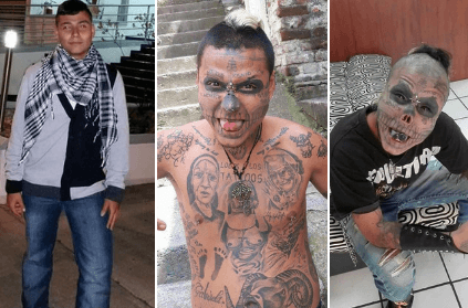 man transforms himself into a living skull