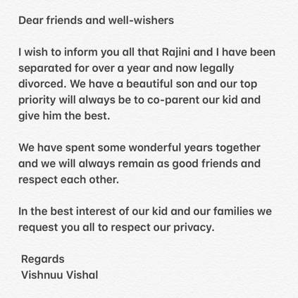 Vishnuu Vishal confirms that he's divorced